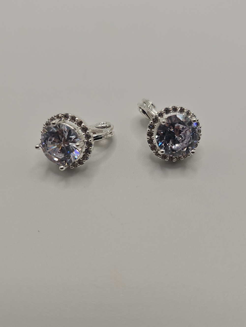 Classic Silver-Tone Round Halo Crystal Clip-On Earrings - Clear Sparkle.